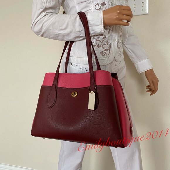 NWT Coach Retail 654 Colorblock Lora Wine Pink Leather Carryall Shoulder Bag - Picture 2 of 11